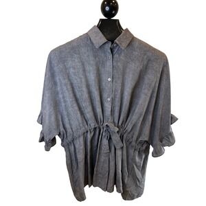 Before You Gray Tie Waist Ruffle Sleeve Collared Button Up Shirt Top Womens L